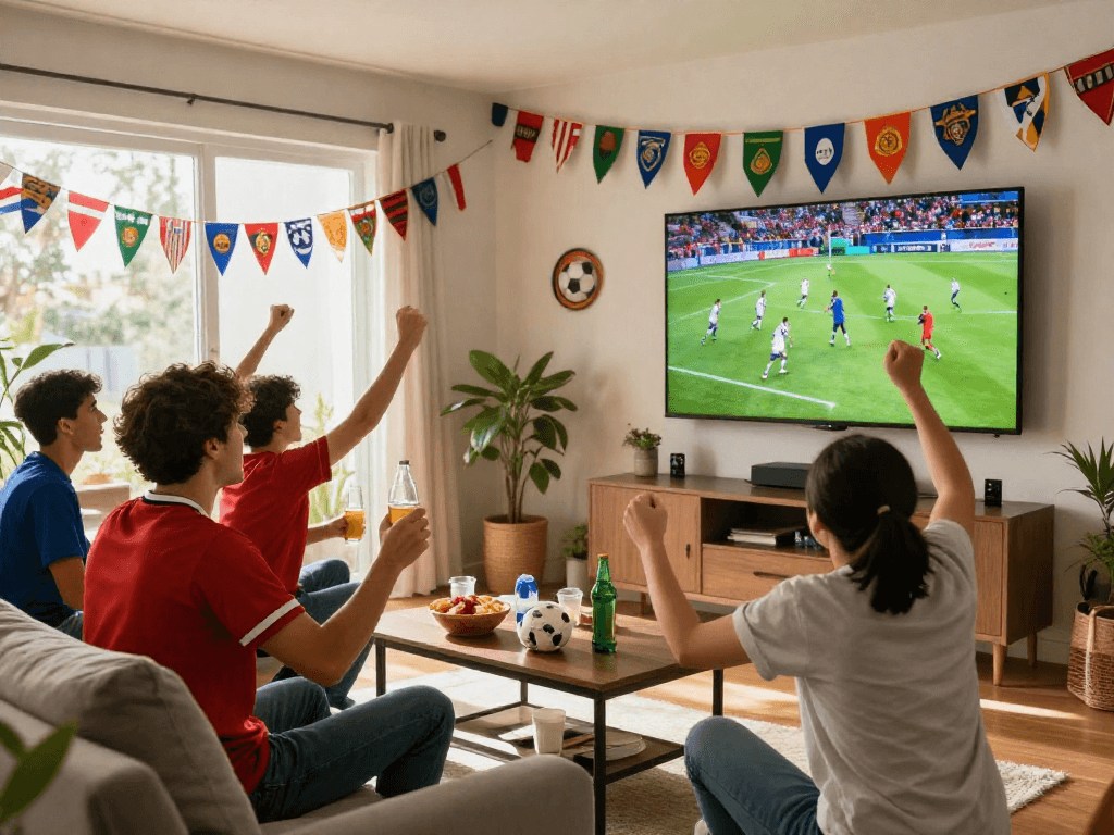 Fans watching a thrilling live football match at home, showcasing the excitement of http://rakhoitv.network/.